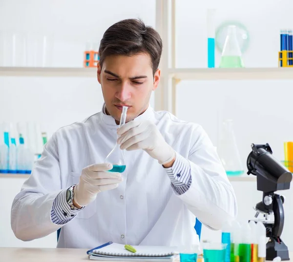 Joven estudiante de química trabajando en laboratorio sobre productos químicos —  Fotos de Stock