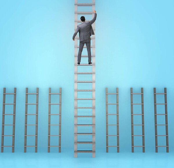 Businessman climbing career ladder in business success concept