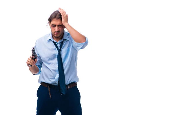 Wanhopig jong mannelijk werknemer met handwapen — Stockfoto