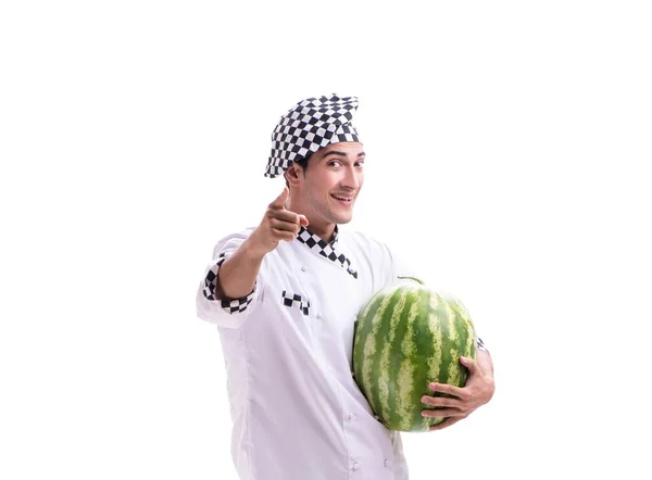 Junger männlicher Koch mit Wassermelone isoliert auf weiß — Stockfoto