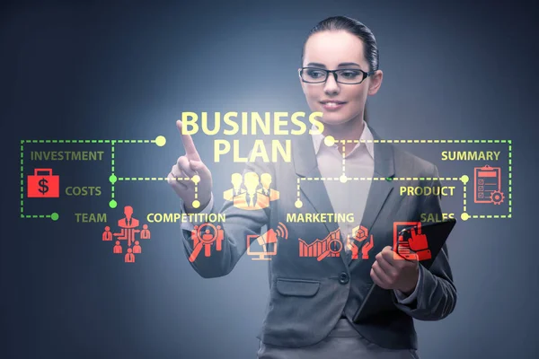 Concepto de plan de negocio con botón de mujer de negocios — Foto de Stock