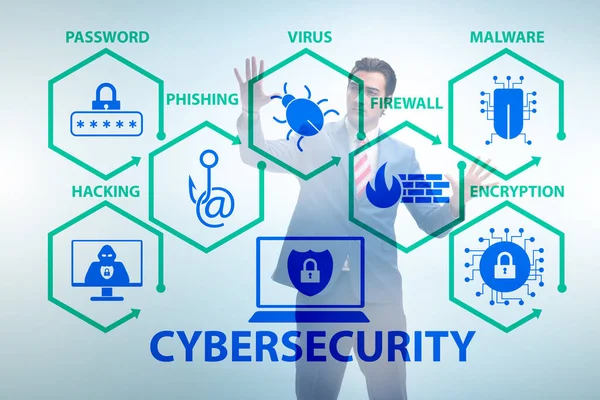 Cybersecurity koncept med forretningsmand trykke på knappen - Stock-foto