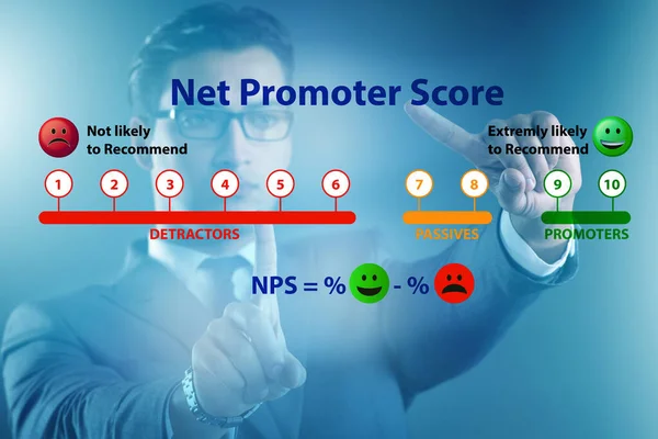 Net Promoter Score Concetto di Server dei criteri di rete con uomo d'affari premendo virtuale — Foto Stock