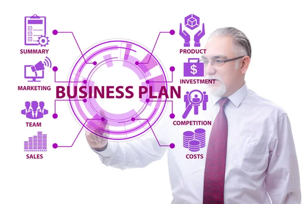 Business plan concept met zakenman druk op de knop — Stockfoto