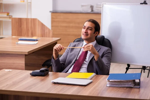 Young male business trainer in the office during pandemic