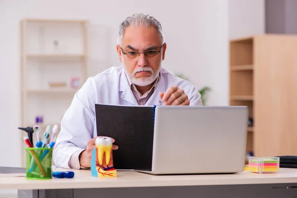 Oude mannelijke tandarts werkt in de kliniek — Stockfoto