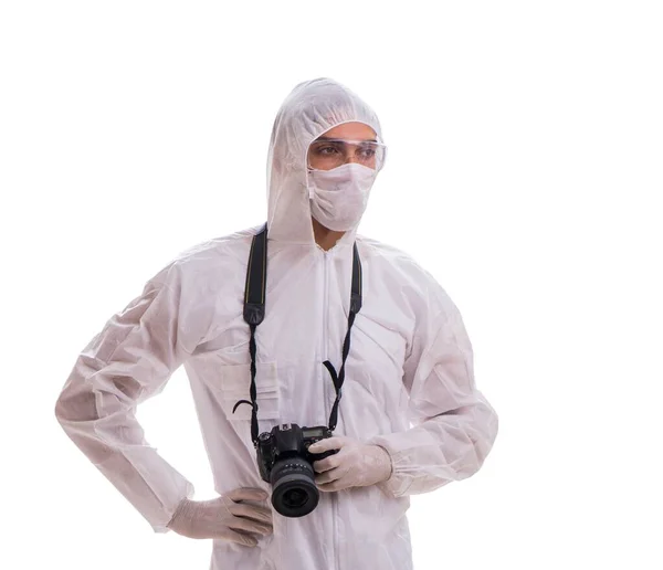 Forensic specialist in protective suit taking photos on white — Stock Photo, Image