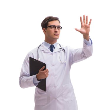 Beyaz arka planda izole genç doktor