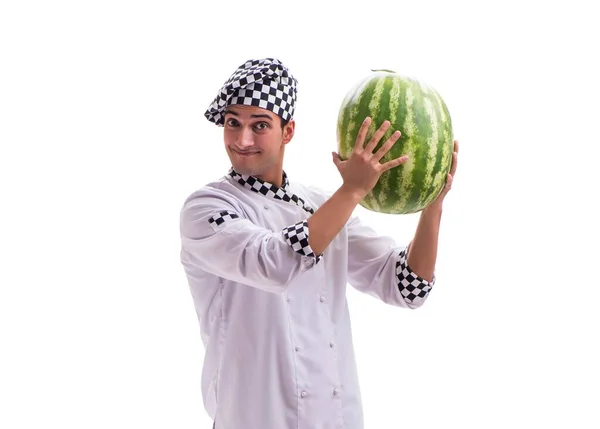 Ung manlig kock med vattenmelon isolerad på vitt — Stockfoto