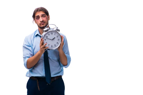 Boldogtalan fiatal férfi alkalmazott az időgazdálkodás koncepciójában — Stock Fotó