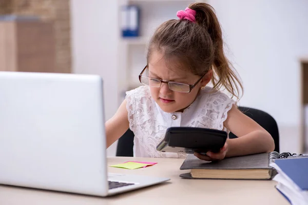 Grappig klein meisje boekhouder werken in het kantoor — Stockfoto