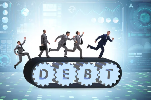 Conveyor belt with the debt loan and businessman — Stock Photo, Image