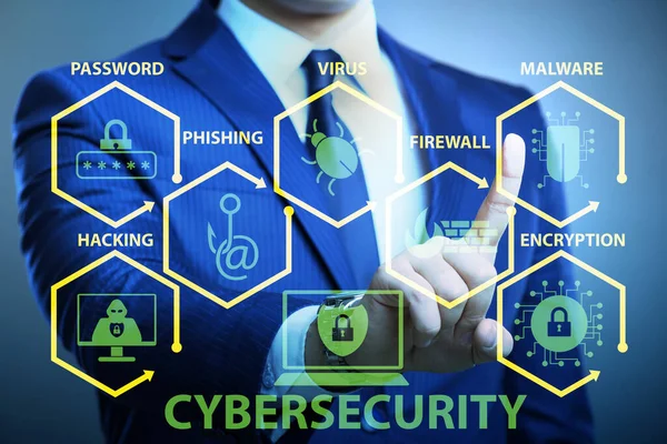 Cybersecurity koncept med forretningsmand trykke på knappen - Stock-foto