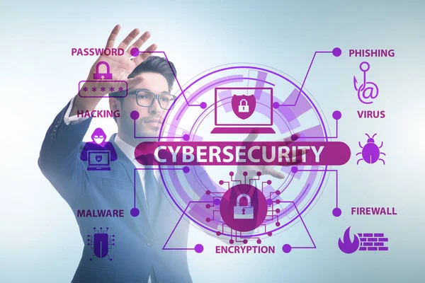 Έννοια Cybersecurity με το πάτημα κουμπί επιχειρηματίας — Φωτογραφία Αρχείου