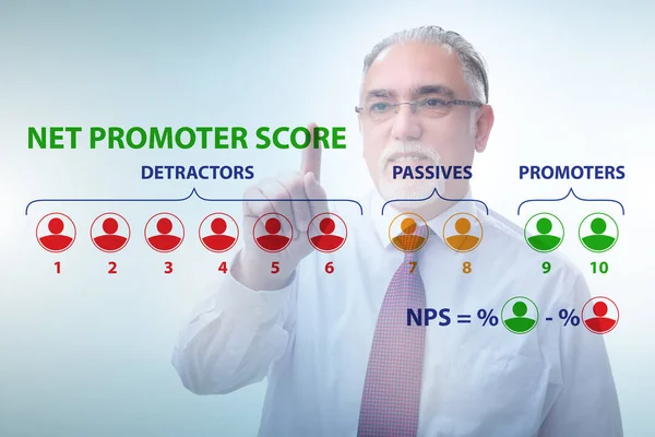 Net Promoter Score NPS concept with businessman pressing virtual — Stock Photo, Image