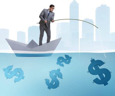 Balıkçı kağıt tekneden para alıyor.