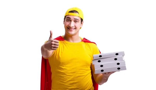 Super held pizza levering guy geïsoleerd op wit — Stockfoto