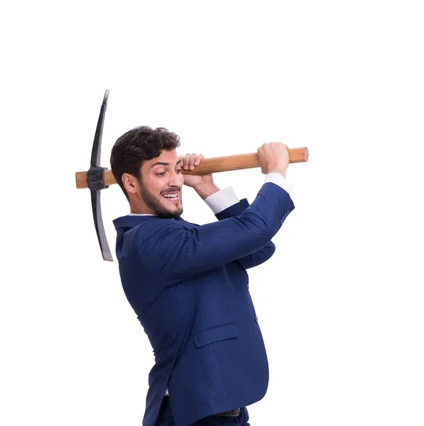 Joven hombre de negocios con hacha aislada en blanco — Foto de Stock