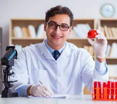 Bilim adamı organik meyve ve sebzeler üzerinde çalışıyor.