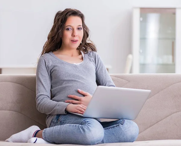 Mulher grávida trabalhando no laptop sentado no sofá — Fotografia de Stock