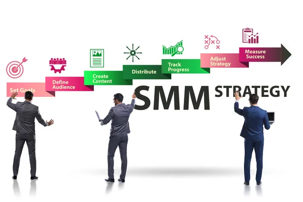 Empresario en el concepto SMM pulsando el botón — Foto de Stock