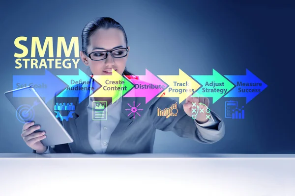 Empresária pressionando botão no conceito de estratégia SMM — Fotografia de Stock