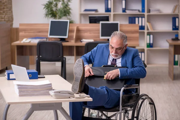 Oude zakenman in rolstoel aan het werk in het kantoor — Stockfoto