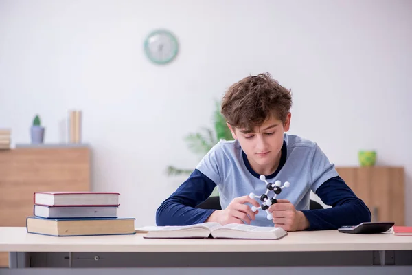 Schoolboy olhando para modelo molecular em casa — Fotografia de Stock