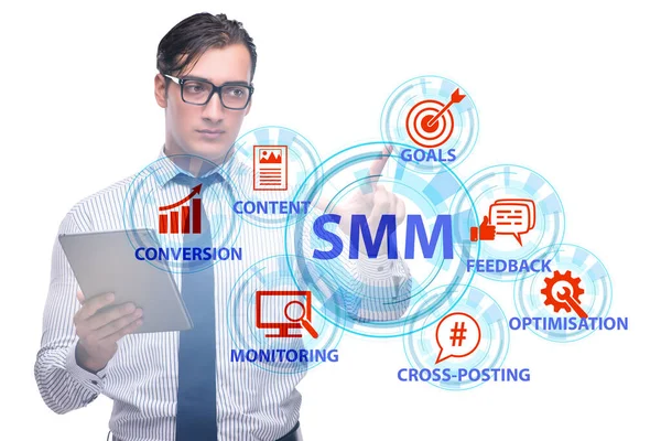 商务人员按下SMM概念中的按钮 — 图库照片