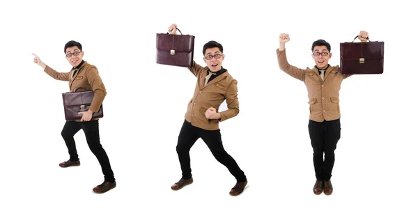 Jongeman met bruin koffertje geïsoleerd op wit — Stockfoto