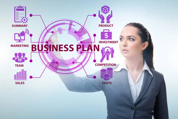 Концепція бізнес-плану з натисканням кнопки бізнес-леді — стокове фото