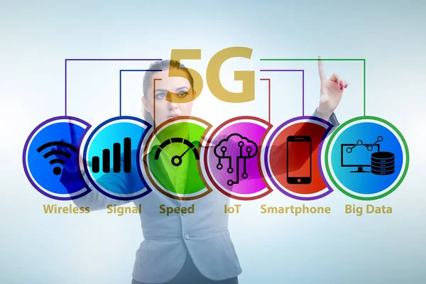 İş kadını 5 G konseptinde düğmeye basıyor — Stok fotoğraf