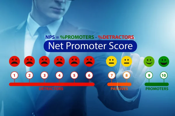 Net Promoter Score NPS concept met zakenman op virtueel drukken — Stockfoto