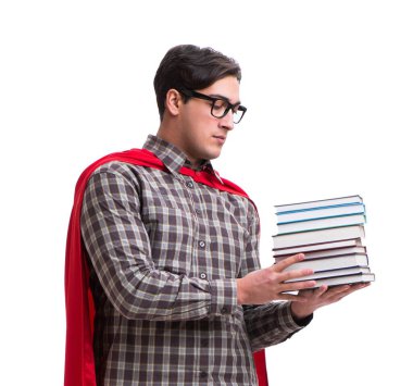 Kitapları beyaza ayrılmış süper kahraman öğrenci.