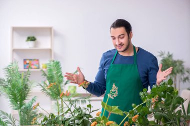 Evin içinde bitkileri olan genç bir erkek bahçıvan.