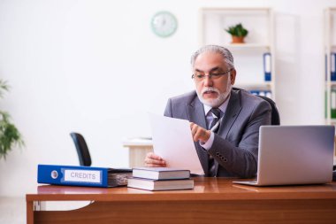 Eski erkek işadamı ofiste kontrat okuyor.