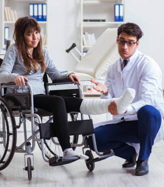 Erkek doktor tekerlekli sandalyedeki kadın hastayı muayene ediyor.