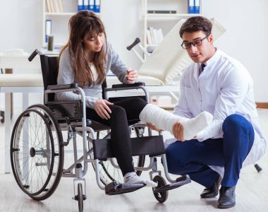 Erkek doktor tekerlekli sandalyedeki kadın hastayı muayene ediyor.