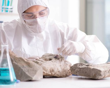 Bilimadamları laboratuarda taş örnekleri arıyor.