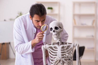 Sınıfta insan iskeleti üzerine çalışan genç bir erkek doktor.