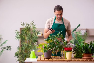 Evin içinde bitkileri olan genç bir erkek bahçıvan.