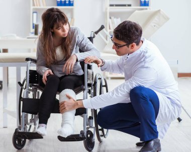 Erkek doktor tekerlekli sandalyedeki kadın hastayı muayene ediyor.