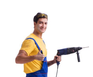 Beyaz arka planda elle matkabı olan müteahhit çalışan.