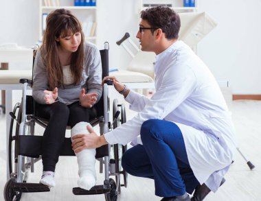 Erkek doktor tekerlekli sandalyedeki kadın hastayı muayene ediyor.