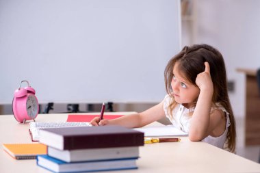 Evde sınava hazırlanan küçük kız.