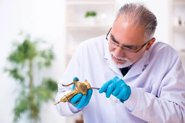 Alter Senior-Archäologe arbeitet im Labor — Stockfoto