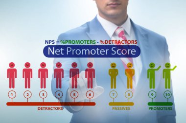 Net Tanıtımcı NPS konsepti iş adamının sanal baskısına sahip
