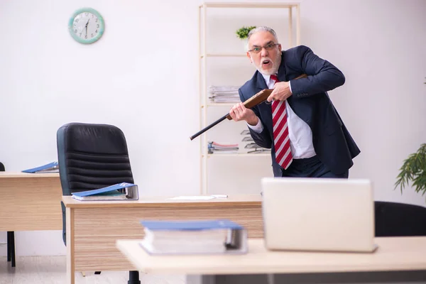 Alter Geschäftsmann Mitarbeiter hält Gewehr im Büro — Stockfoto