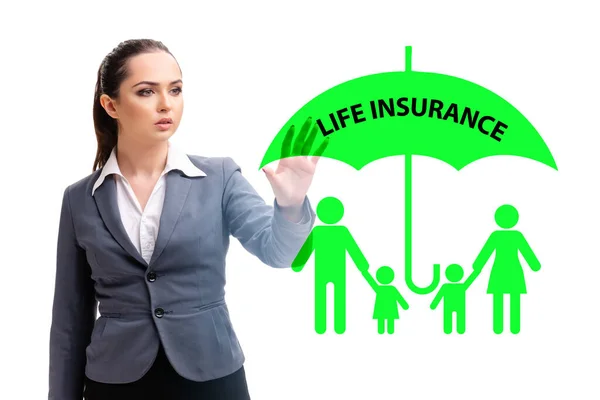 Livförsäkring koncept med affärskvinna trycka på knappen — Stockfoto