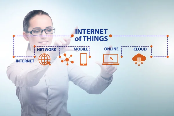 IoT 컨셉트에서 가상 버튼을 누르는 사업가 — 스톡 사진